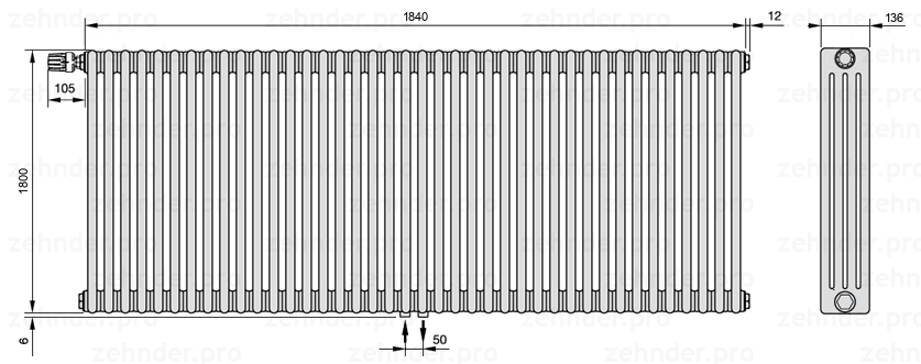 Схема (чертеж) Радиатор Zehnder Charleston 4180/40 №V007 Белый глянцевый RAL 9016